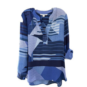 Diane Von Furstenberg Women's Blue & White V-Neck Silk Abstract Blouse Size 4